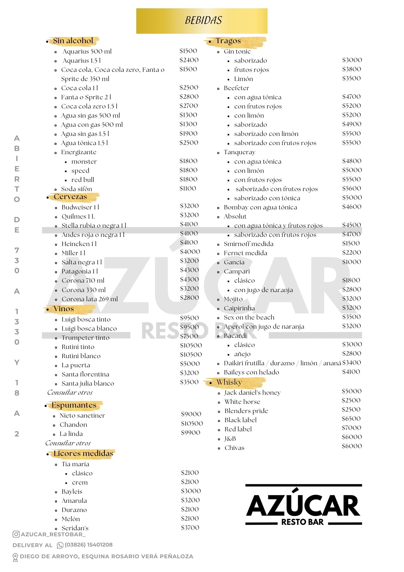 Carta Azucar Resto Bar